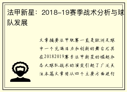 法甲新星：2018-19赛季战术分析与球队发展