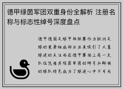 德甲绿茵军团双重身份全解析 注册名称与标志性绰号深度盘点