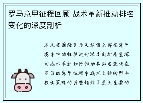 罗马意甲征程回顾 战术革新推动排名变化的深度剖析