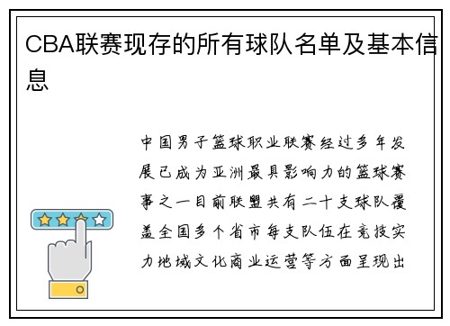 CBA联赛现存的所有球队名单及基本信息