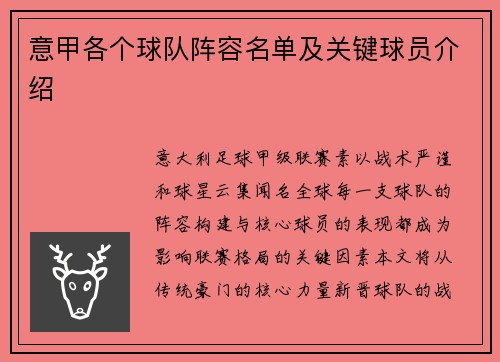 意甲各个球队阵容名单及关键球员介绍